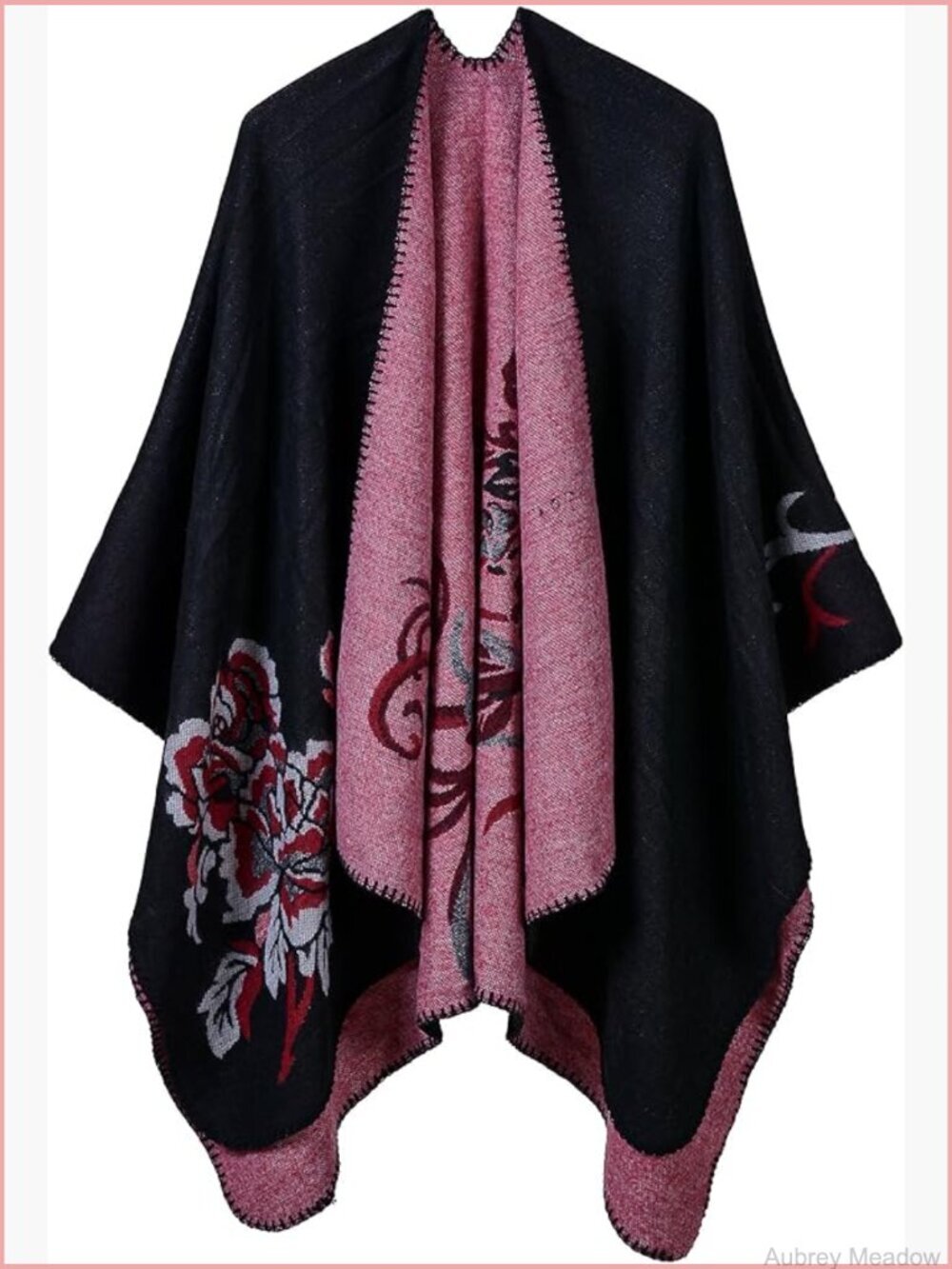 Retro Warm Floral Poncho Cape Open Front Sweater Shawl Cardigan